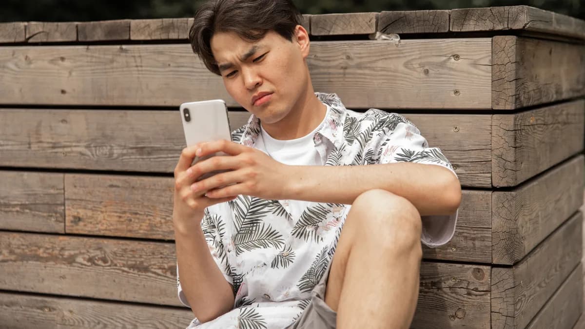 man looking at phone warning message